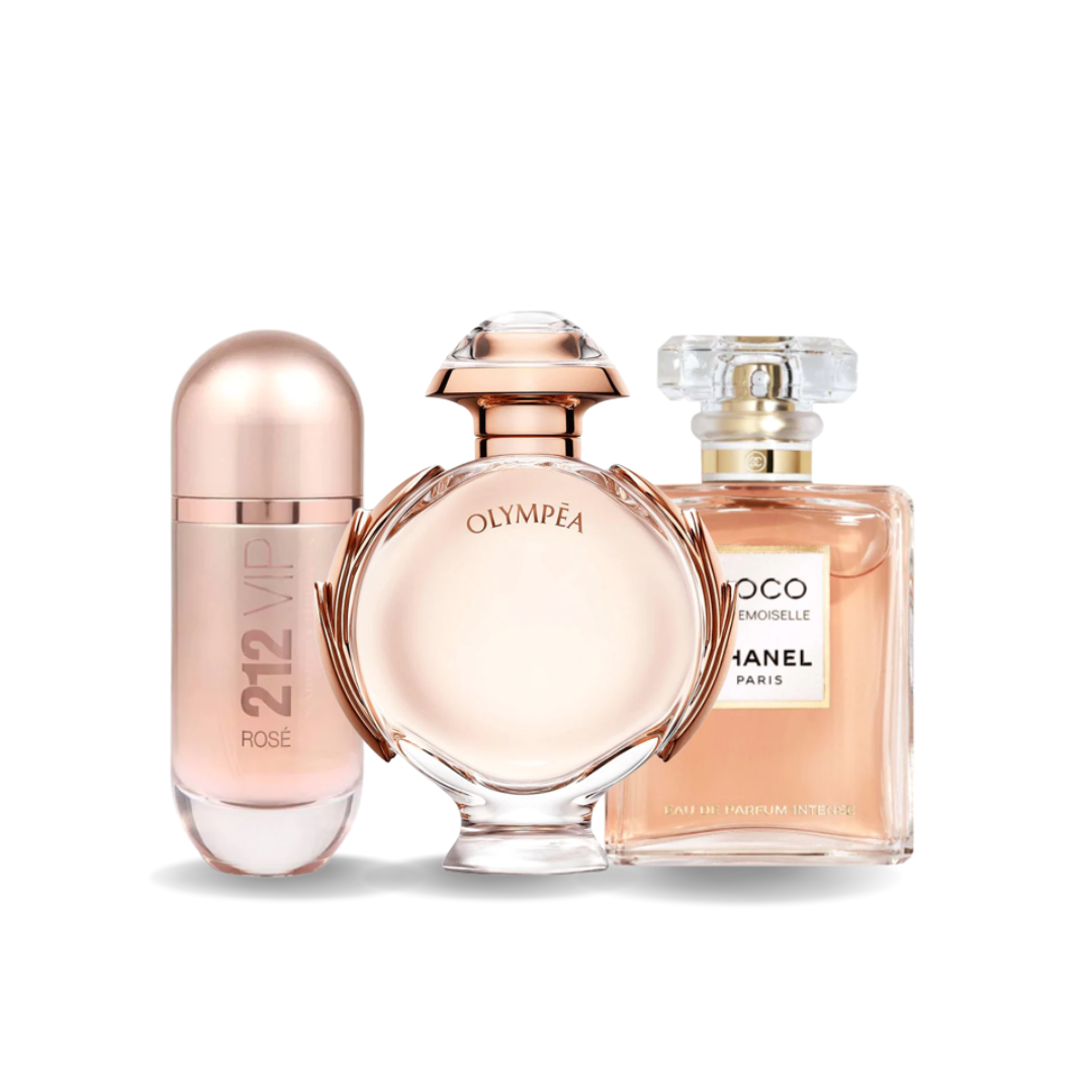 Kit 3 Perfumes - Carolina Herrera 212 VIP ROSÉ, Paco Rabanne OLYMPÉA y Chanel COCO MADEMOISELLE (Eau de Parfum)